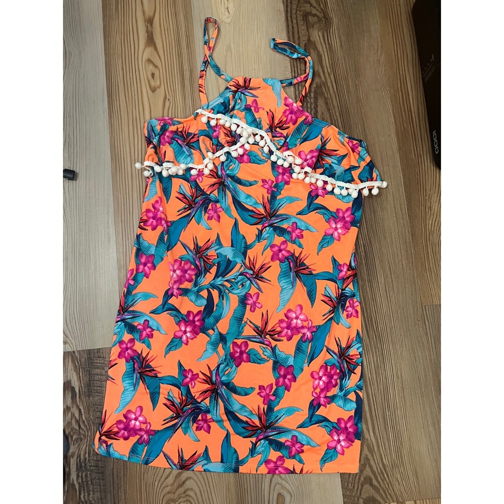 Tropical Floral Birds of Paradise Womens Pom Pom Trim Swim Dress Orange Medium